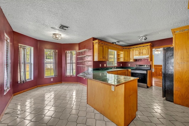 kitchen with visible vents, under cabinet range hood, stainless steel range with electric stovetop, a peninsula, and open shelves