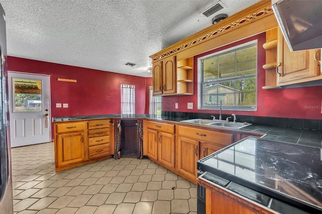 kitchen featuring electric range, visible vents, a sink, open shelves, and a peninsula