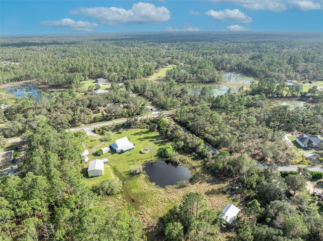 drone / aerial view featuring a forest view and a water view