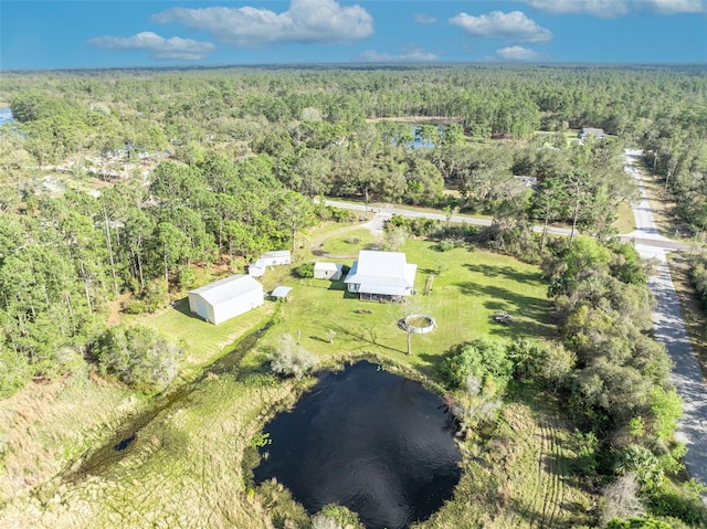 drone / aerial view featuring a water view and a wooded view