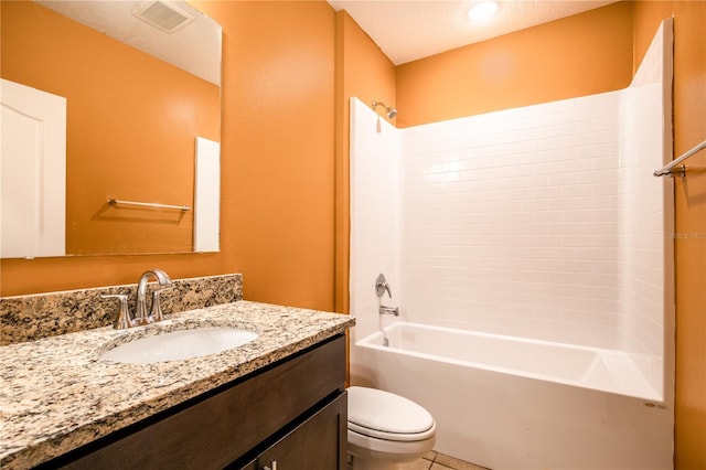 full bathroom featuring visible vents, shower / washtub combination, toilet, and vanity