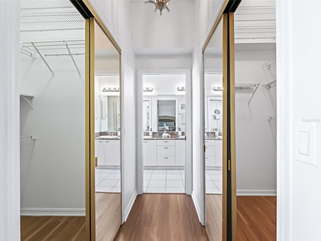 spacious closet featuring dark wood-type flooring and a sink