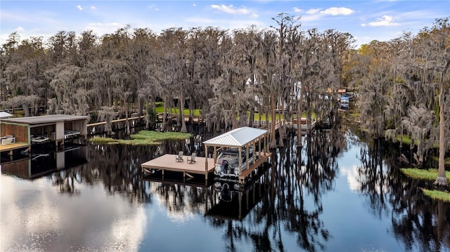 view of dock with a water view and boat lift