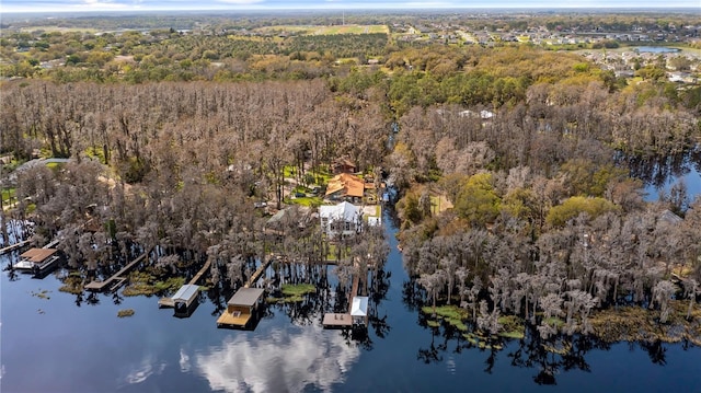 bird's eye view featuring a water view and a wooded view