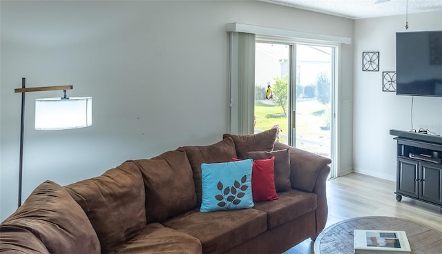 living room featuring light wood-type flooring, a textured ceiling, and baseboards