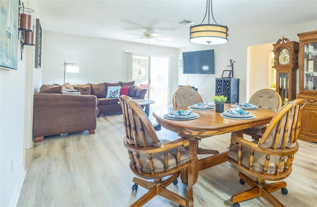 dining room featuring a textured ceiling, ceiling fan, light wood finished floors, and visible vents