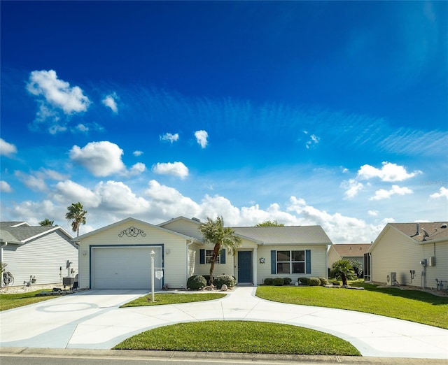 ranch-style house featuring concrete driveway, an attached garage, and a front lawn