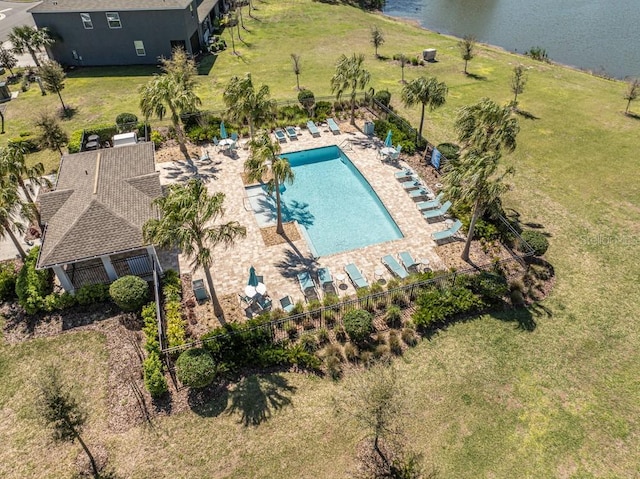 birds eye view of property featuring a water view