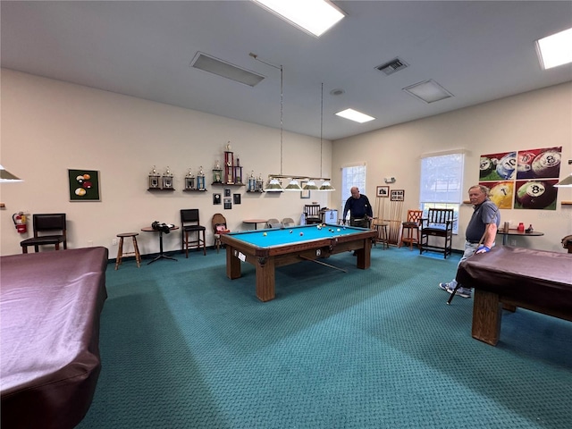 playroom featuring pool table, carpet, and visible vents