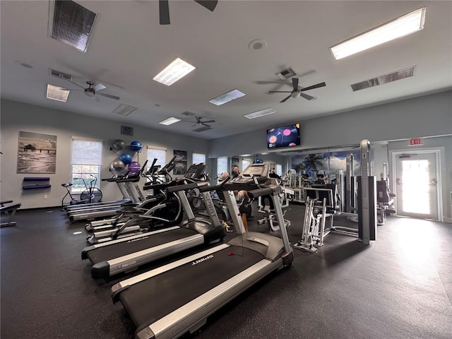 workout area with plenty of natural light, visible vents, and a ceiling fan