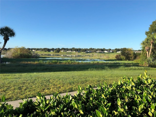 view of yard with a rural view and a water view