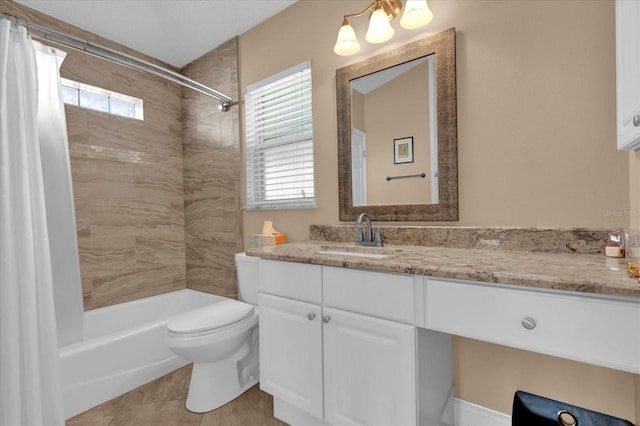 bathroom with tile patterned flooring, vanity, toilet, and shower / tub combo with curtain