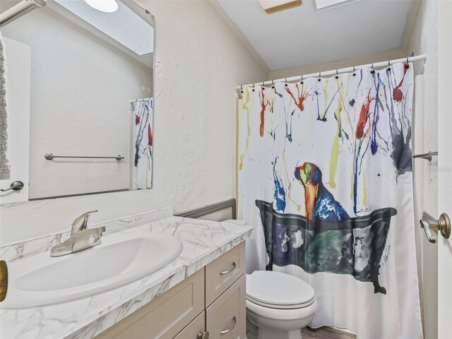 bathroom featuring a textured wall, curtained shower, vanity, and toilet