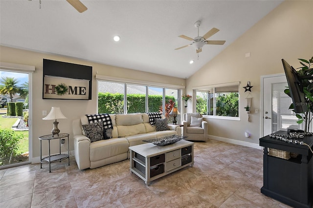 living room featuring high vaulted ceiling, recessed lighting, baseboards, and ceiling fan