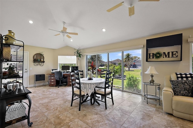 dining area with lofted ceiling, recessed lighting, a ceiling fan, and baseboards