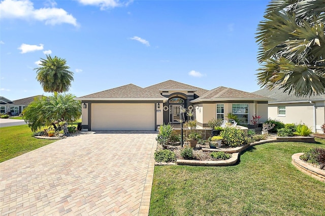 view of front facade featuring stucco siding, a front lawn, decorative driveway, and a garage