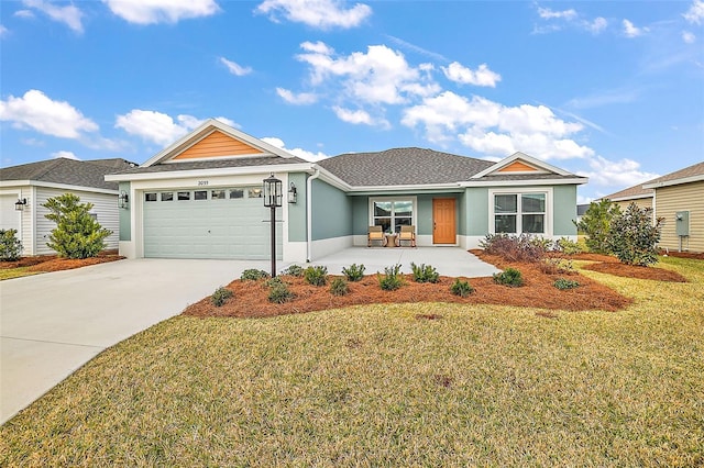 ranch-style home with an attached garage, a front yard, concrete driveway, and stucco siding