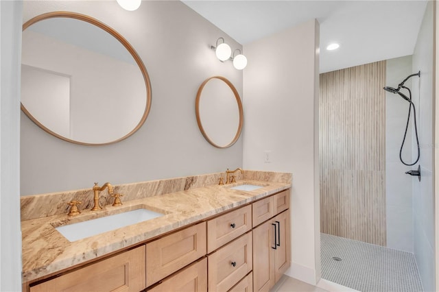 13334 SW 107th St, Dunnellon, FL 34432 - bathroom featuring a tile shower, double vanity, and recessed lighting