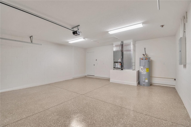 13334 SW 107th St, Dunnellon, FL 34432 - garage with electric water heater, electric panel, a garage door opener, concrete block wall, and heating unit