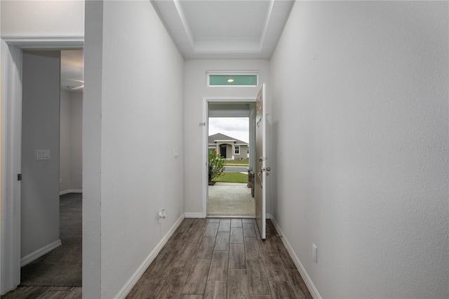 interior space featuring a tray ceiling, baseboards, and dark wood finished floors