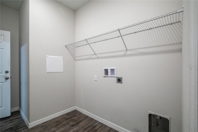 laundry room with dark wood-type flooring, baseboards, washer hookup, laundry area, and electric dryer hookup