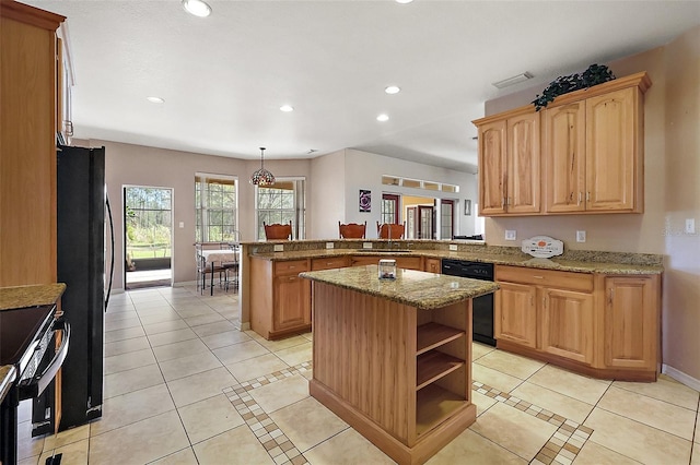 kitchen with light tile patterned floors, recessed lighting, a kitchen island, a peninsula, and black appliances