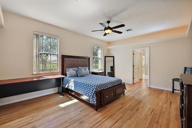 bedroom featuring light wood-type flooring, visible vents, and baseboards