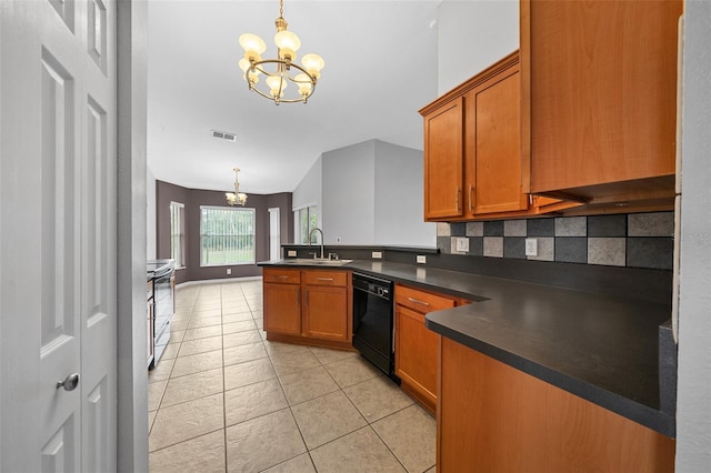 kitchen featuring a peninsula, black dishwasher, dark countertops, brown cabinets, and a chandelier