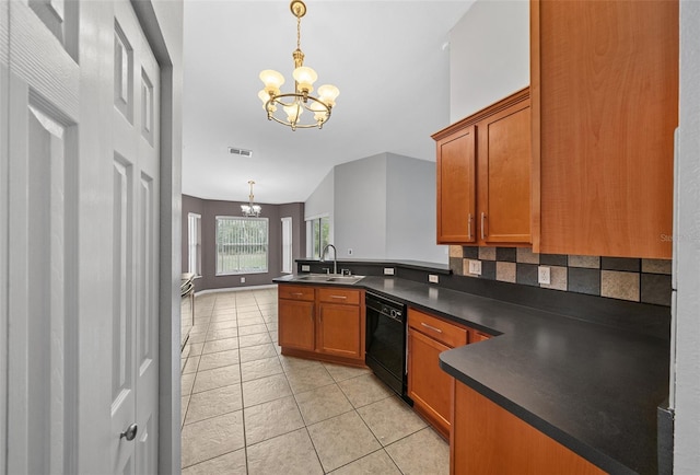 kitchen with a notable chandelier, a sink, dark countertops, a peninsula, and dishwasher