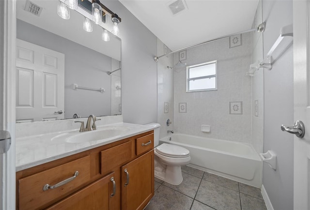 full bath featuring visible vents, tub / shower combination, toilet, tile patterned floors, and vanity