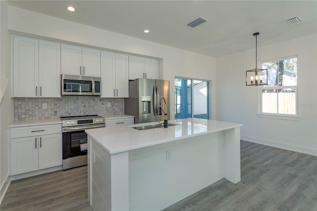 kitchen with stainless steel appliances, visible vents, backsplash, light wood-style floors, and a sink