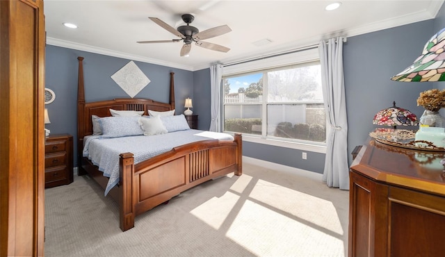 bedroom featuring light carpet, baseboards, ceiling fan, crown molding, and recessed lighting