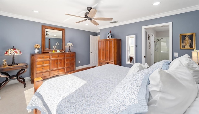 bedroom featuring baseboards, visible vents, ceiling fan, ornamental molding, and recessed lighting