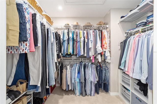 spacious closet with carpet flooring and attic access