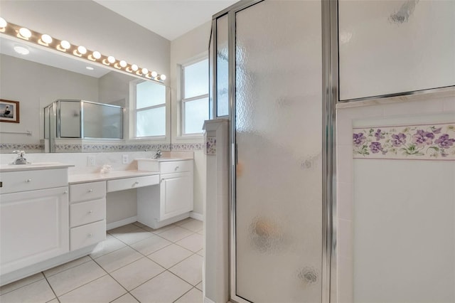 bathroom featuring tile walls, double vanity, a sink, a shower stall, and tile patterned flooring