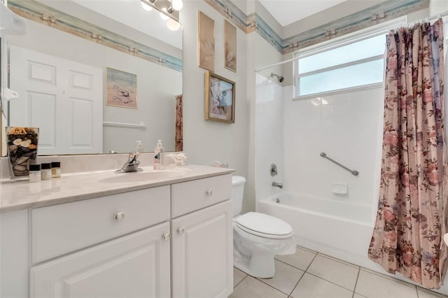 full bathroom featuring vanity, tile patterned flooring, toilet, and shower / bathtub combination with curtain