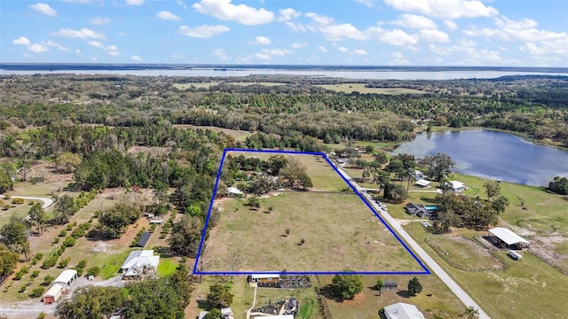 drone / aerial view featuring a view of trees and a water view