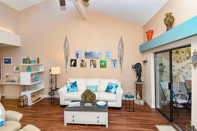 living area with ceiling fan, baseboards, lofted ceiling, and wood finished floors