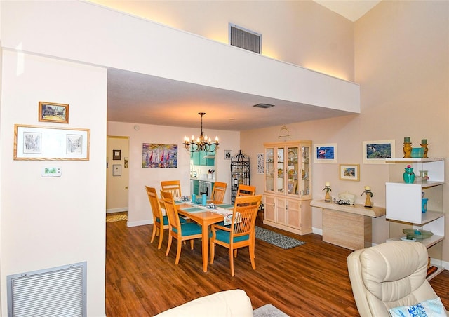 dining room featuring visible vents, baseboards, dark wood finished floors, and a chandelier