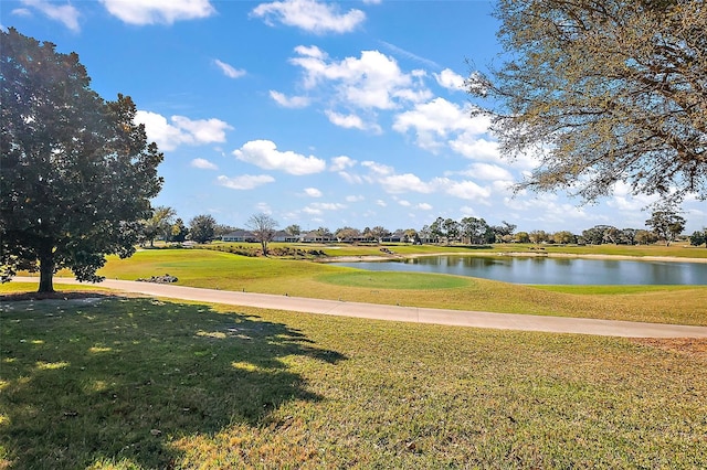 view of property's community with a water view and a lawn