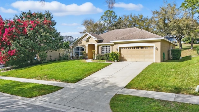 ranch-style home with a garage, driveway, a front lawn, and stucco siding