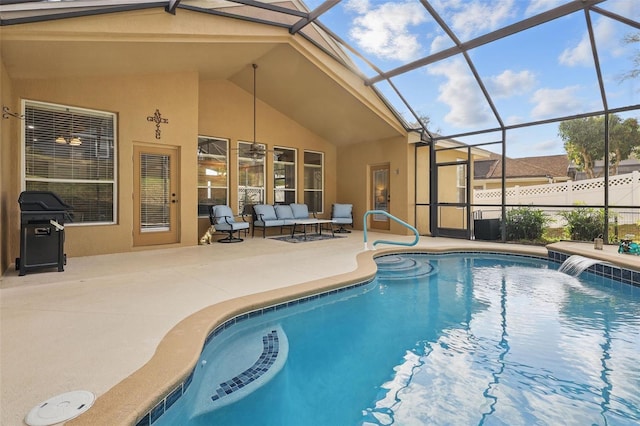 view of pool featuring a fenced in pool, a lanai, a grill, a patio area, and an outdoor living space