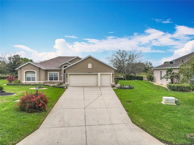 single story home featuring a front yard, concrete driveway, an attached garage, and stucco siding