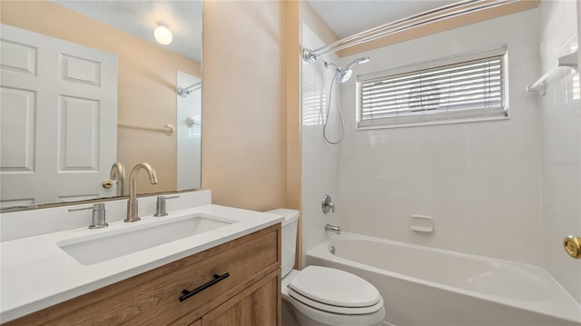 full bath with shower / bathing tub combination, vanity, and toilet