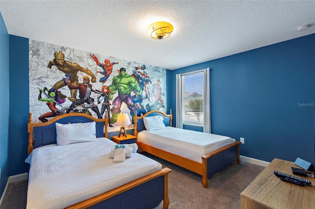 bedroom featuring carpet floors, a textured ceiling, and baseboards