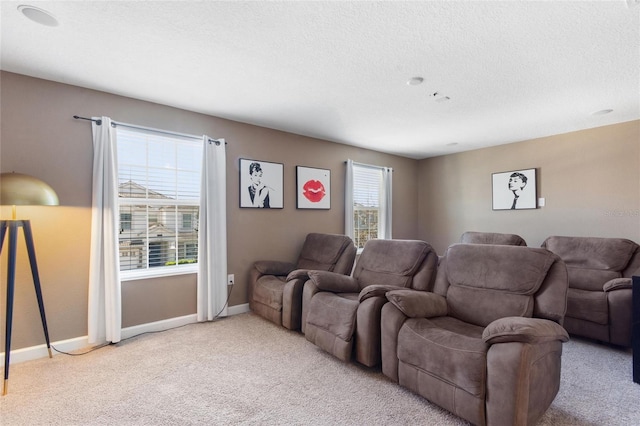 home theater featuring carpet floors, baseboards, and a textured ceiling