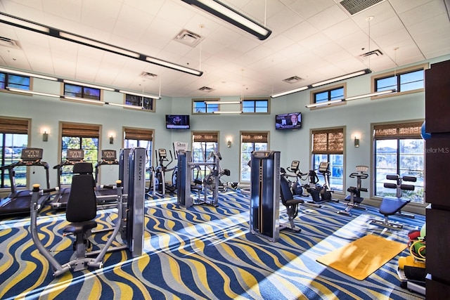 workout area featuring a towering ceiling, carpet, and visible vents