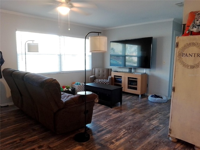 living room with ceiling fan, ornamental molding, dark wood finished floors, and baseboards