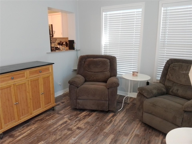 sitting room with dark wood-style floors and baseboards