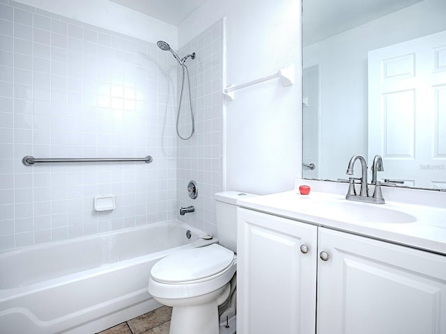 full bathroom with vanity, toilet, washtub / shower combination, and tile patterned flooring